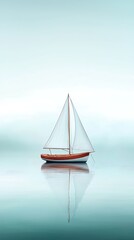 Fototapeta premium Serene sailing boat floating on calm water with reflection under soft cloudy sky in tranquil maritime scene