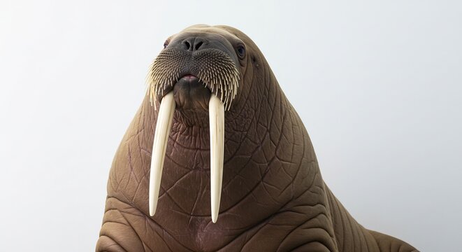 Stunning walrus gazes forward powerfully showing off its long white tusks in a vibrant high key studio photograph. AI Generated
