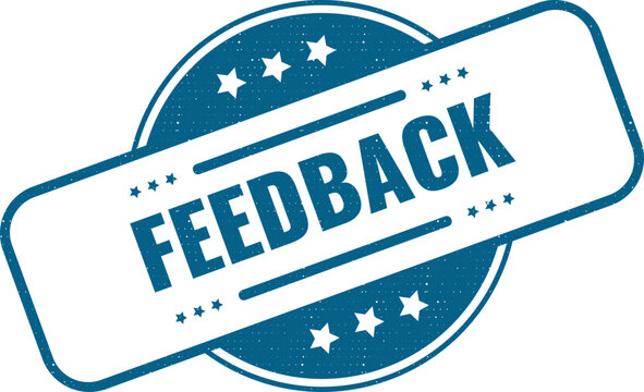 A blue rubber stamp icon with the word feedback in a bold professional font style
