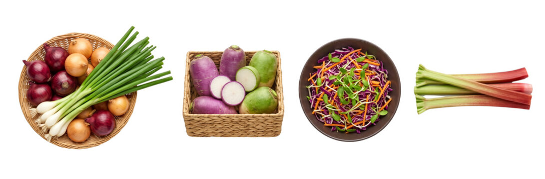 Fresh Vegetables Assortment: Onions, Radishes, Salad, and Rhubarb on White Background