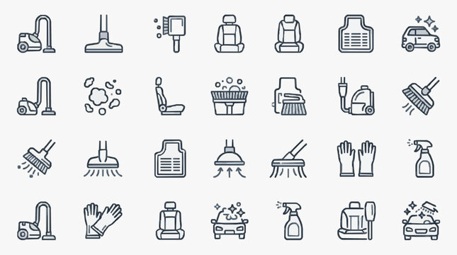 Professional car interior cleaning with upholstery vacuum pictogram for auto detailing and maintenance services
