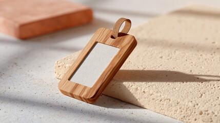 Fototapeta premium Wooden luggage tag with leather strap