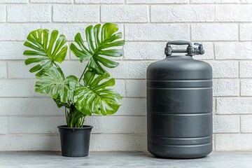 Obraz premium Modern Indoor Green Plant with Large Leaves Next to Black Gas Cylinder Against White Brick Wall