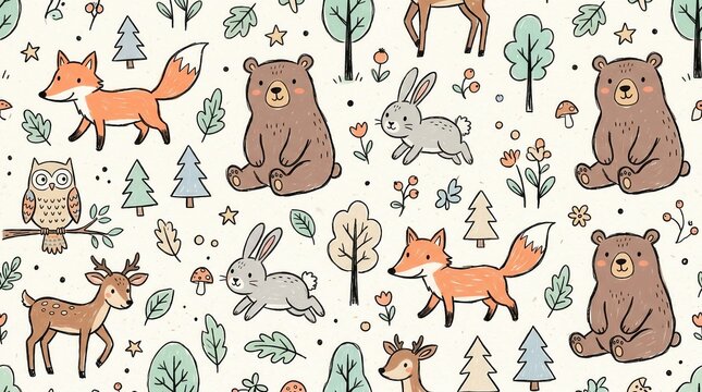 Vibrant forest illustration of cheerful woodland animals: bears, foxes, deer