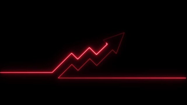 Abstract neon arrow business graph chart icon animation background.Market RecoveConceptry . Successful growth trend red line graph going Up. Neon Upward Arrow on Line Graph Animation.4k