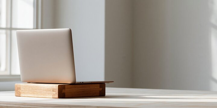 Minimalist laptop on wooden stand
