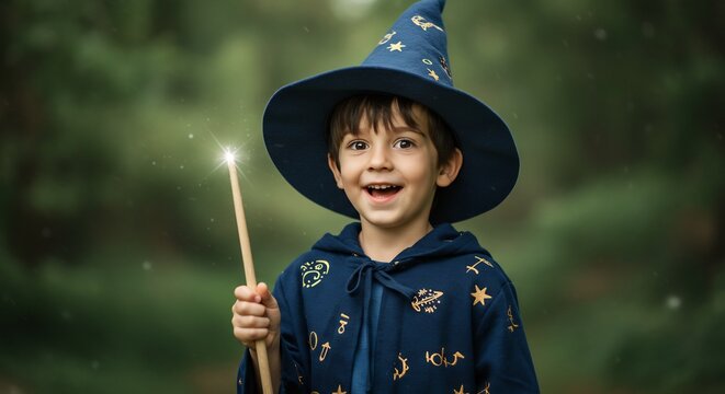 A cheerful young wizard boy smiles brightly holding his glowing magic wand in a magical forest setting. AI Generated
