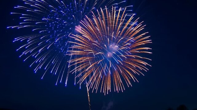 Vibrant fireworks exploding in the night sky creating colorful patterns. Celebration and festivity in a dark environment.
