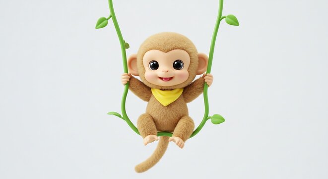 Sweet plush monkey character playfully swings on green vines with a wide happy smile in soft studio light. AI Generated