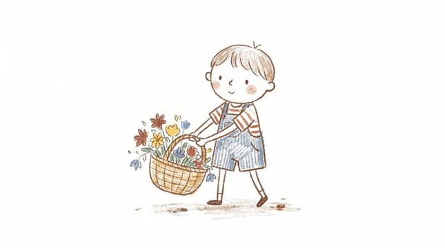 A happy boy walks outdoors carrying a basket overflowing with many different colored flowers