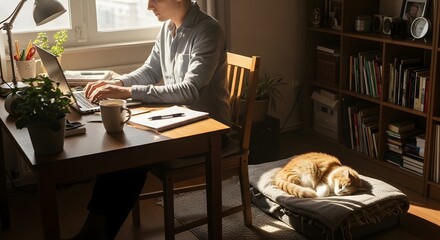 Obraz premium Man working on laptop at home desk with cat sleeping nearby, natural light