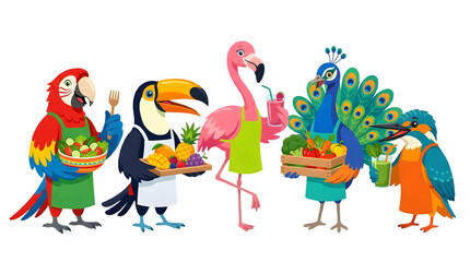 Obraz premium Cartoon birds cooking and eating healthy food, set of cute characters with fruits, vegetables, salad and smoothies isolated on transparent background