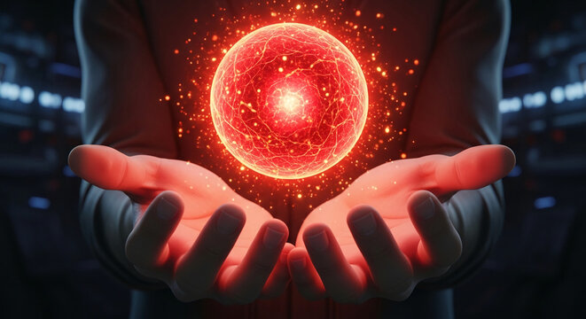 Hands hold a glowing red sphere with radiating energy, symbolizing power, creation, or the start of something new