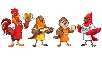 Obraz premium Cartoon birds serving breakfast food items isolated on transparent background
