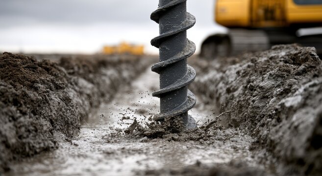 Industrial earth auger drilling in muddy soil on construction site