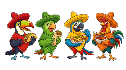 Obraz premium Set of cartoon birds wearing sombreros and ponchos eating mexican food isolated on transparent background