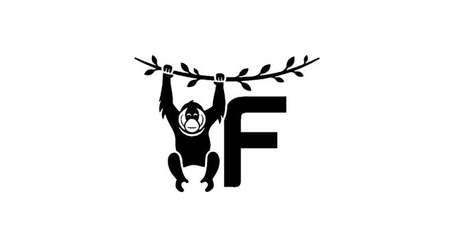 Playful gorilla hanging from a tree branch with letter F.