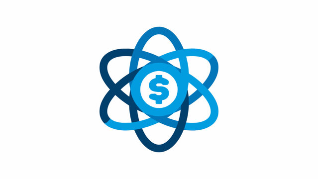 Blue atomic logo with dollar sign for fintech.