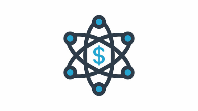 Blue atomic structure icon featuring dollar sign.