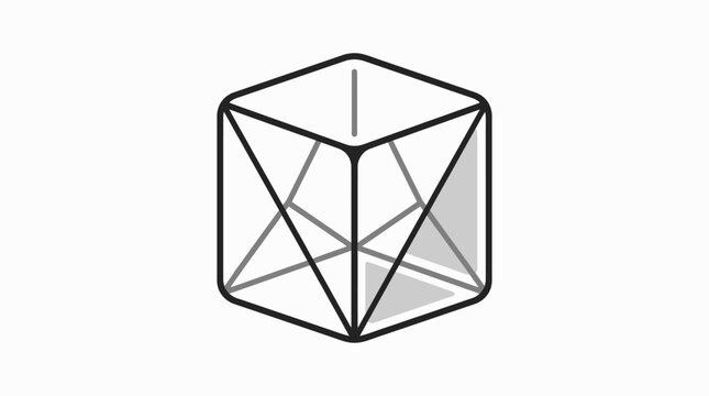 A geometric wireframe cube illustration featuring internal triangular structures and perspective lines.