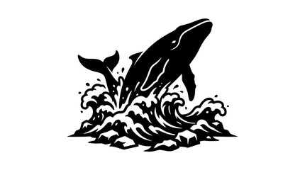 A bold black and white illustration of a breaching humpback whale emerging from ocean waves. © Alya