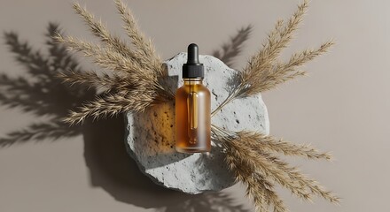 Fototapeta premium Top view of matte glass dropper bottle with facial serum or essential oil on natural stone podium with dry reed grass on beige backgrounds. Facial serum, essential oil for care of women's skin, mockup
