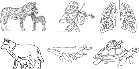 Naklejka premium Animal and nature line drawings with music and anatomy