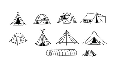 Silhouette of various tent styles and designs for camping and outdoor activities © SHAHUDUL