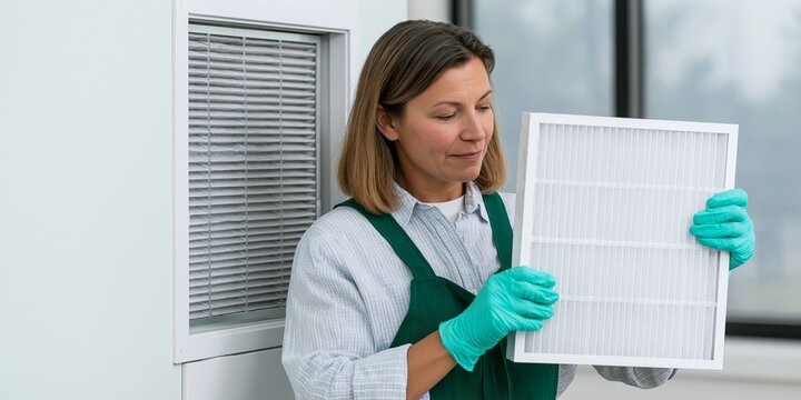 Woman changing air filter in home