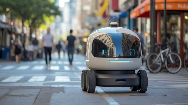 Autonomous Delivery Robot Navigating Busy City Street Sidewalk