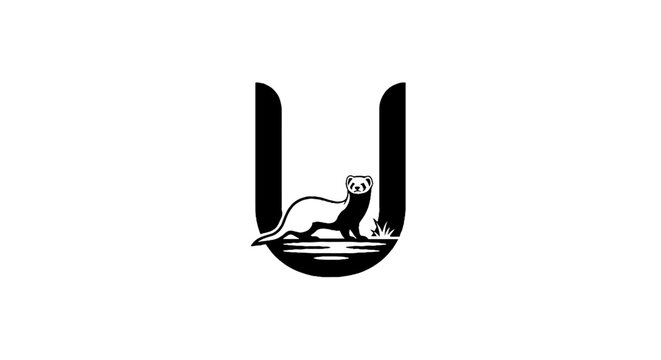 Ferret resting inside a U shaped emblem design.