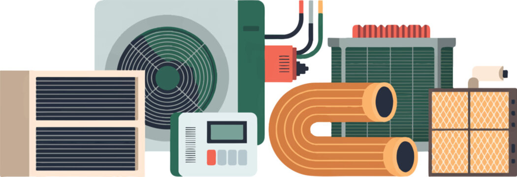Hvac climate control systems showing air conditioner outdoor compressor unit wall controller hose pipes and air filter panels.