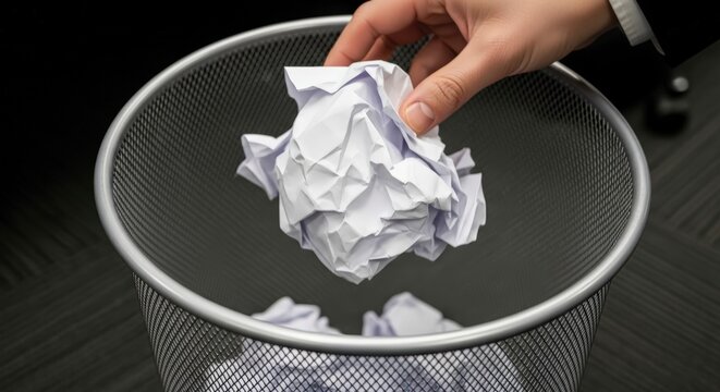 Hand throwing away crumpled paper trash.