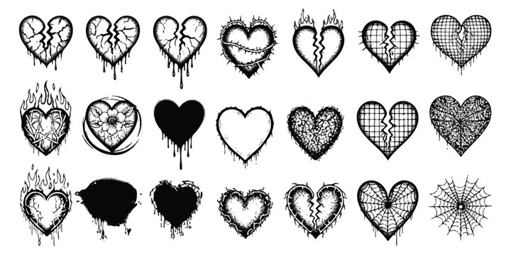Set of hand drawn broken hearts and grunge heart icons with black ink sketch style