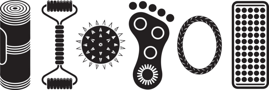 Set of black icons for self massage and physical therapy featuring rollers balls foot reflexology mats and exercise equipment tools.