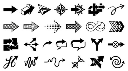 Naklejka premium A Comprehensive Collection of Diverse Arrow Icons, Featuring Directional Symbols, Navigation Elements, and Creative Graphic Designs