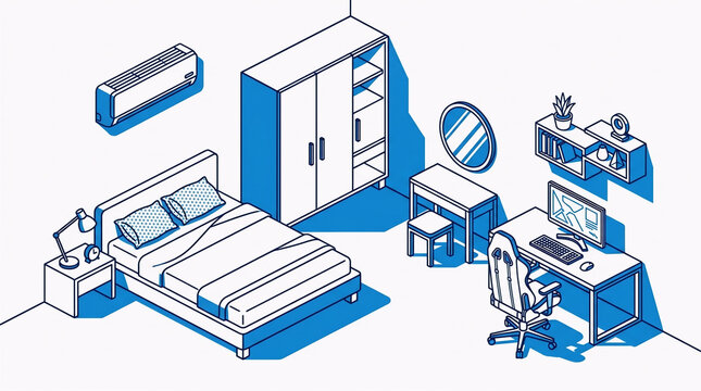 A blue shaded isometric blueprint illustration displaying a master bedroom layout complete with a double bed, wardrobe, dressing table, and a dedicated PC gaming setup.