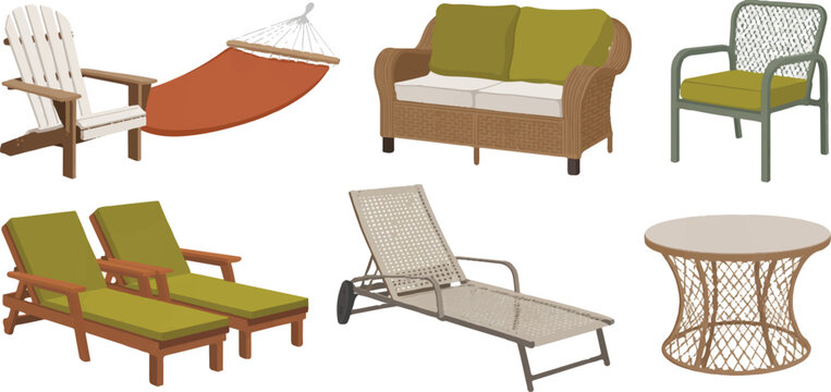 Outdoor patio furniture set featuring adirondack chair orange hammock wicker sofa lounge chairs poolside recliner and round table.
