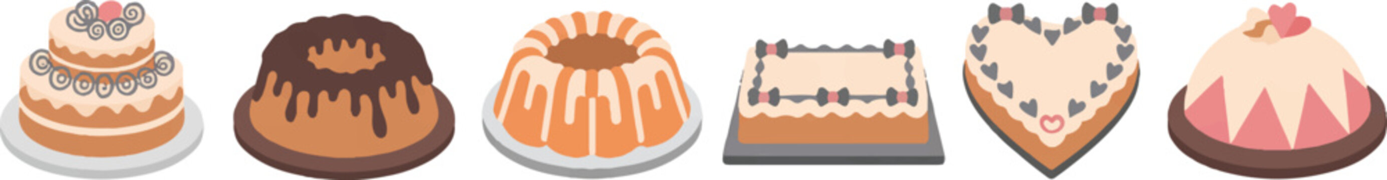 Selection of delicious baked cakes including chocolate bundt tiered sponge square sheet cake heart shaped pastry and pink dessert.