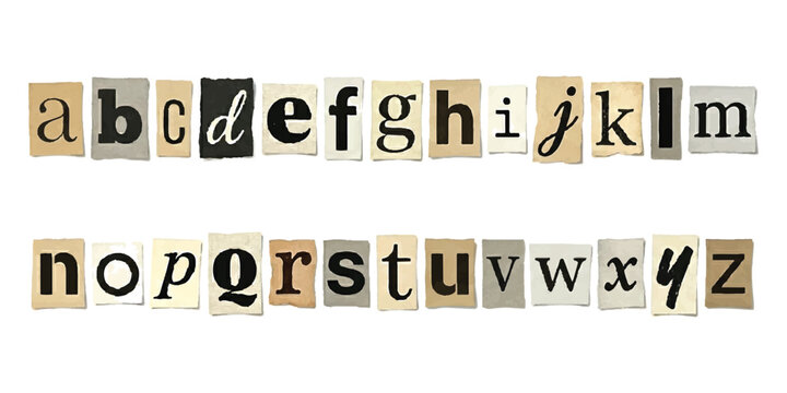 Alphabet set of letters cut out from newspapers and magazines to create a ransom note style text