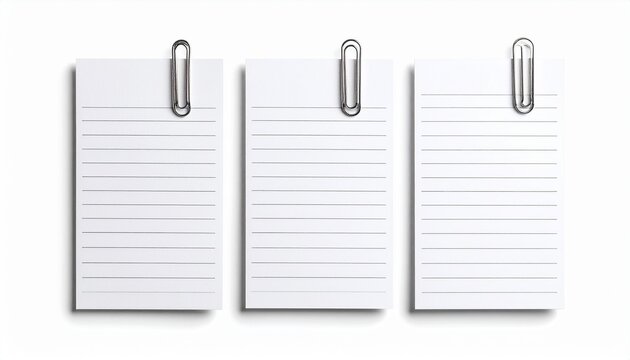 Three blank lined notepads with paper clips on white background, office stationery, workspace organization, blank paper sheets, paper clips holding notes