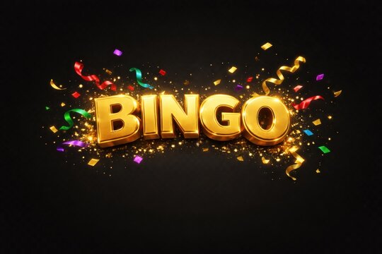Golden bingo text with sparkling confetti on dark background for festive party celebration design
