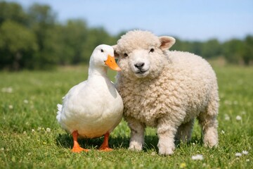 Naklejka premium Cute lamb and white duck standing together on green meadow in sunny countryside nature scene