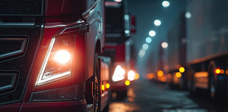 A sleek close-up of a modern red truck's angular LED headlight glowing against a dark bokeh background of a nighttime industrial road scene.
