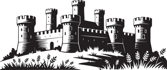 Medieval stone castle with multiple towers and gatehouse fortress on grassy hill landmark structure historical fortification build. © Kamrun82