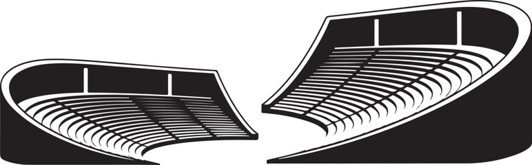 Pair of large stadium seating sections with curved stands for athletic events shown as clear black silhouettes on white surface. © Kamrun82