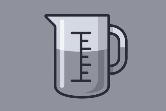 Simple flat icon of a plastic measuring cup filled with a light gray liquid used for kitchen recipes and precise measurements in cooking or science.