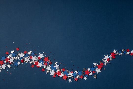 Patriotic 4th of july celebration background with red white and blue star confetti on navy blue