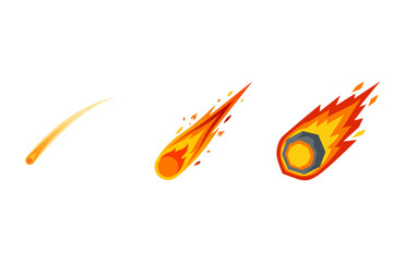 Set of three meteorites with fiery tails, illustrating impact and space phenomena © Zseoo Studio