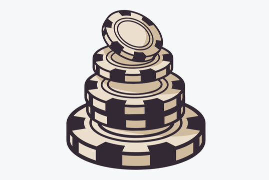 Pyramid stack of gambling chips in black and tan colors representing casino games, betting, and winning at poker or roulette in a gaming house.